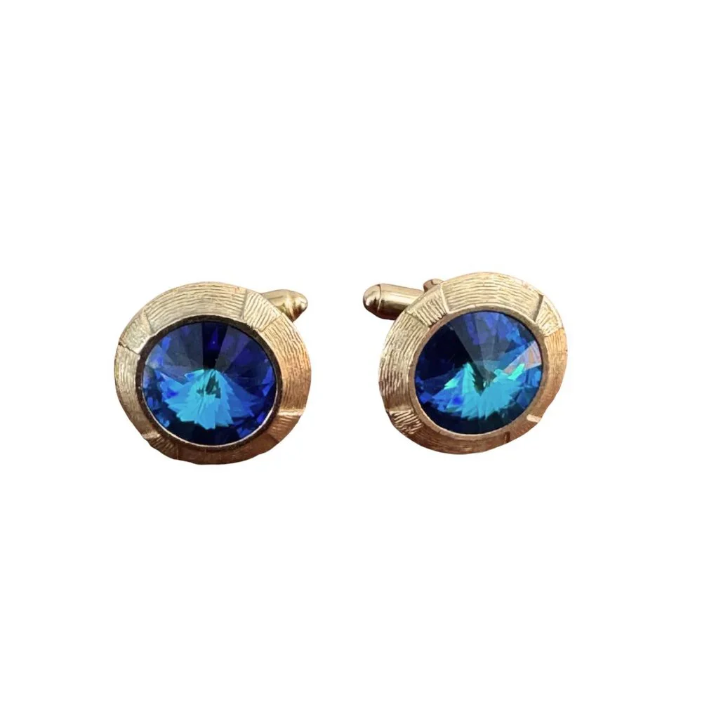Anson Signed Blue Rivoli Crystal Gold Tone Cufflinks Vintage